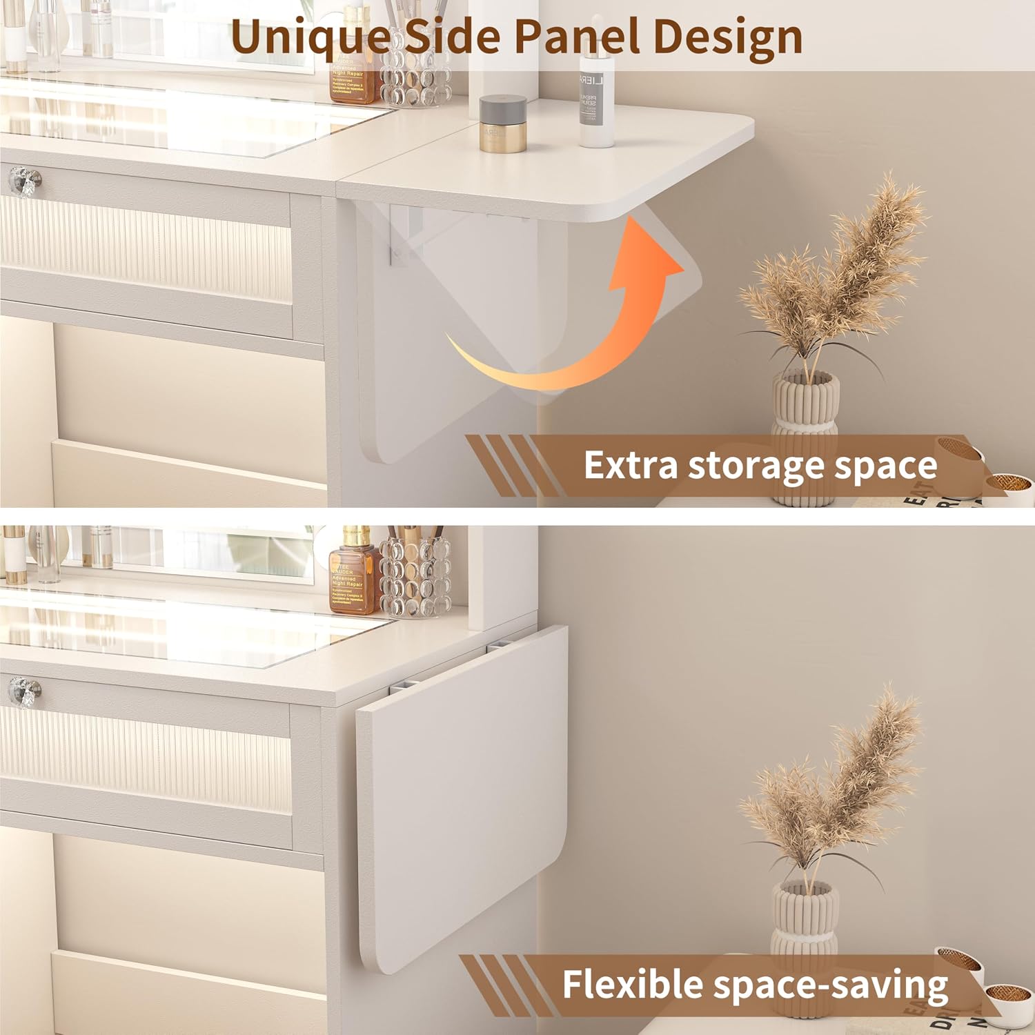 Vipbear White Vanity Desk Small Makeup Vanity Table with Mirror&Lights | Dressing Tables with Power Oulet 2 RGB Drawers Cabinet 6 Shelves Glass Top 10 LED Bulbs 3 Color Modes Folding Panel