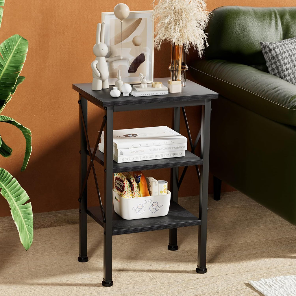 VECELO End Side Table Night Stand,X-Design with Storage Shelf for Bedroom,Living Room,Black