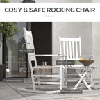 Outsunny Outdoor Rocking Chair Set of 2 with Side Table, Patio Wooden Rocking Chair with Smooth Armrests, High Back for Garden, Balcony, Porch, Supports Up to 352 lbs, White