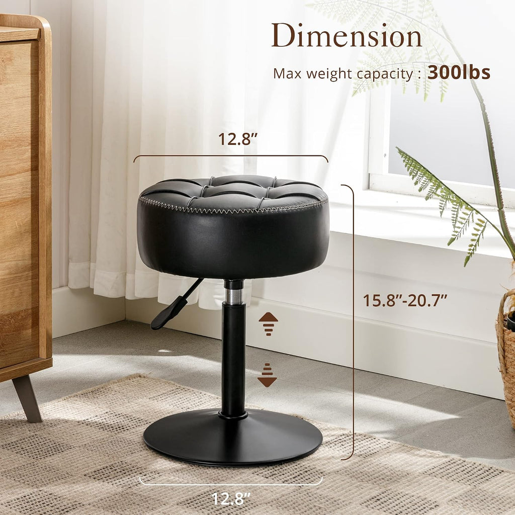 LUE BONA Adjustable Vanity Stool 15.8"-20.7", 360° Swivel Faux Leather Chair, 300lbs Capacity for Makeup Room, Bathroom, Living Room, Black