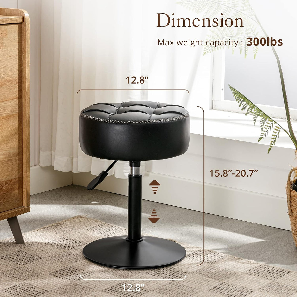LUE BONA Adjustable Vanity Stool 15.8"-20.7", 360° Swivel Faux Leather Chair, 300lbs Capacity for Makeup Room, Bathroom, Living Room, Black