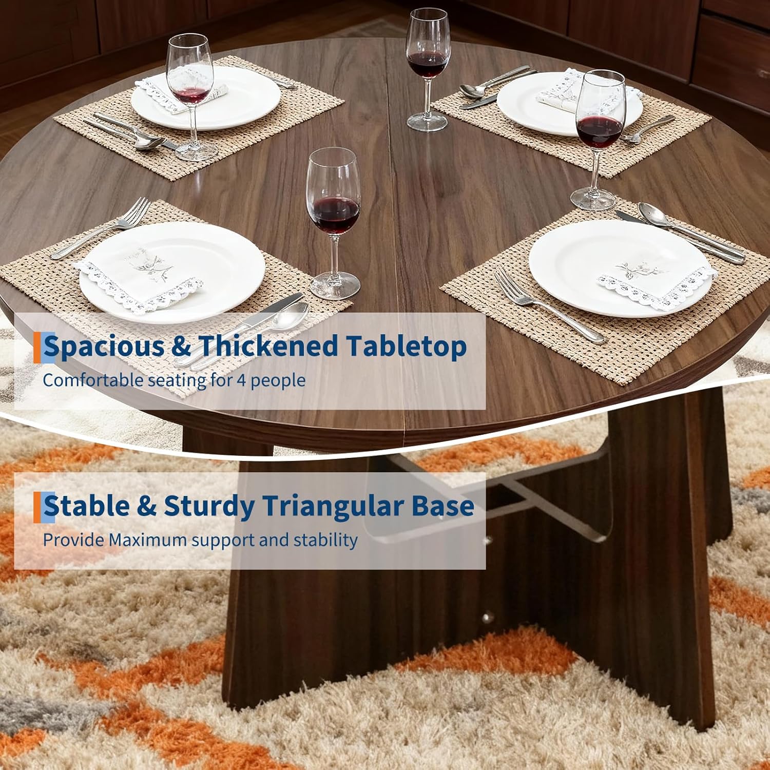 Round Dining Table for 4, 43.3" Kitchen Table for Dining Room, Circle Farmhouse Kitchen Table, Wood Dinner Table for Kitchen, Living Room, Apartment, Walnut Brown