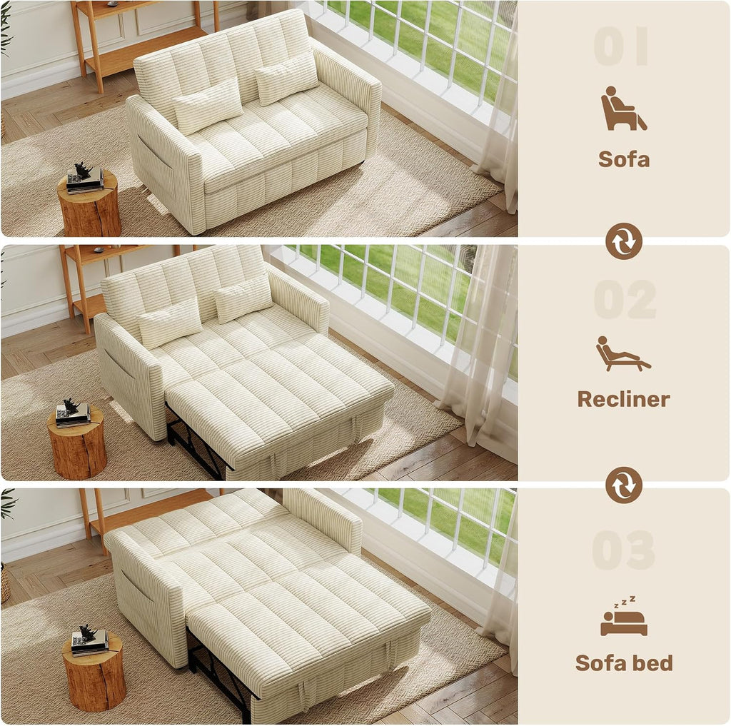 Nebuaegis Sleeper Sofa Bed,3-in-1 Convertible Pull Out Couch with Adjustable Backrest for Living Room,Loveseat Sofa Bed with Side Pockets,Easy Assembly,Beige,1 PCS