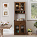 71 Inch Kitchen Hutch Storage Cabinet with Countertop, Farmhouse Coffee Hutch Cabinet Bar with Storage, Buffet Hutches and Cabinets with Microwave Stand | Glass Door for Dining Room