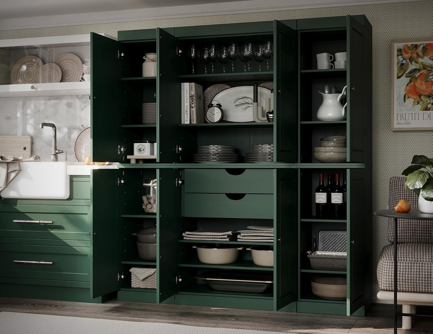 Palace Imports Solid Wood Storage Cabinet - 71.5" Tall, 65" Wide Freestanding Kitchen Pantry with 2-Drawer Kit & Adjustable Shelves – Green, Renewable Eco-Friendly 100% Wood, Made in Brazil