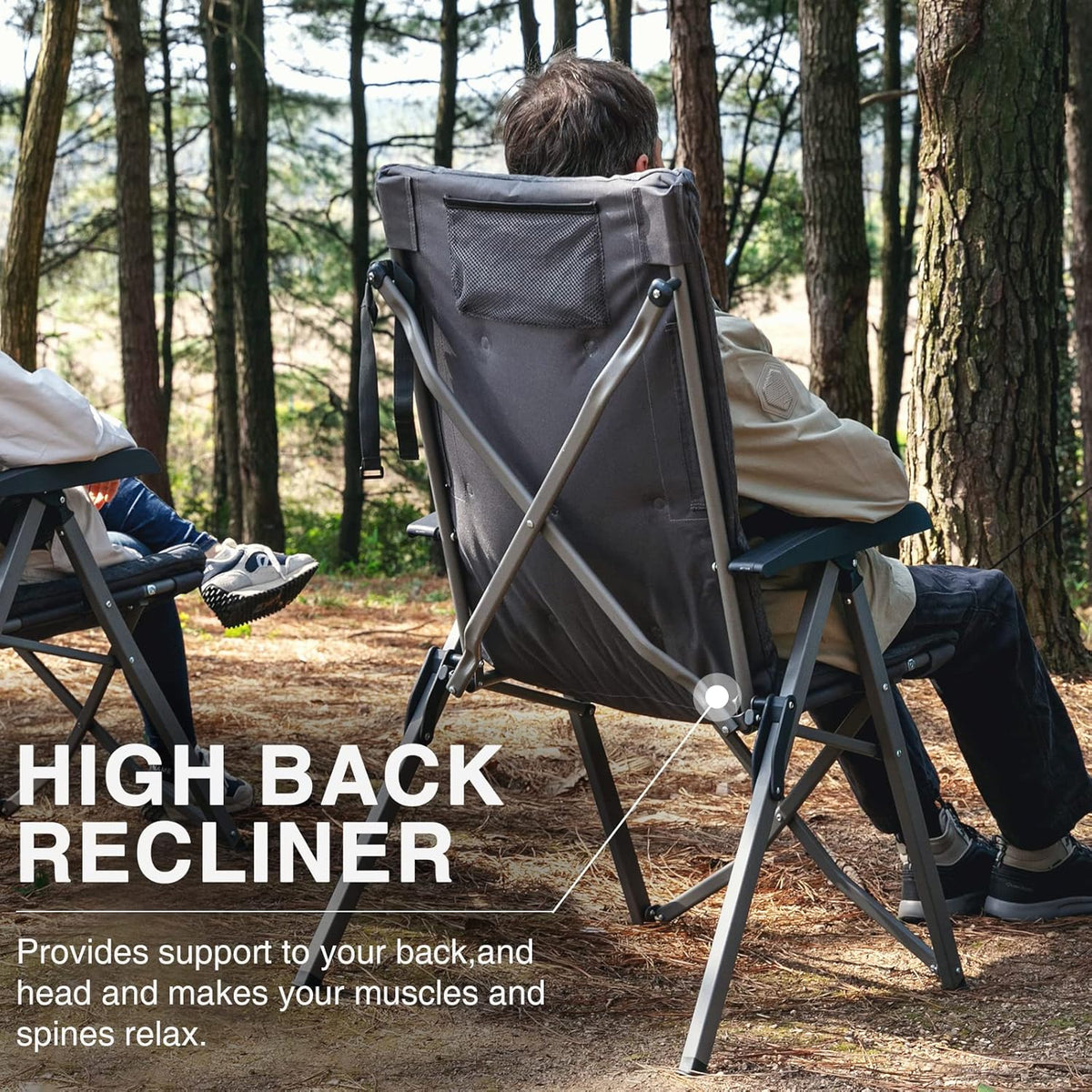 EVER ADVANCED Luxury Camping Chairs 2 Set for Adults Heavy Duty High Back Oversized Folding Garden Chair Comfy Padded Loadable 330LBS Adjustable Dining Chairs 4-Position Recliner Chair Grey