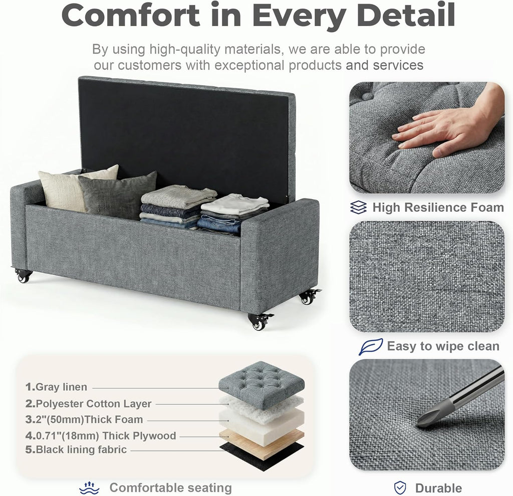 50” Ottoman Bench with Storage, Upholstered Fabric End of Bench for Bedroom, Load up to 660 lb, Fixed Base & Movable Swivel Wheels，Rectangular Tufted Entryway with Safety Hinge (Grey)