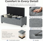 50” Ottoman Bench with Storage, Upholstered Fabric End of Bench for Bedroom, Load up to 660 lb, Fixed Base & Movable Swivel Wheels，Rectangular Tufted Entryway with Safety Hinge (Grey)