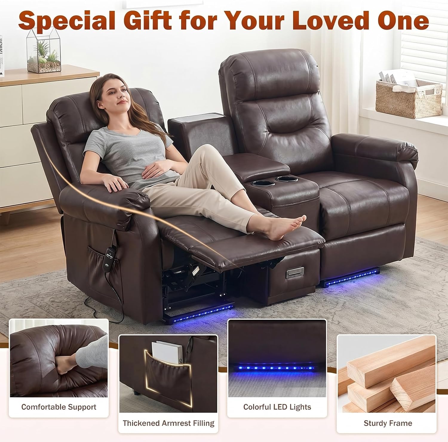 MANBUR Dual Power Lift Recliner Loveseat for Elderly, 2-Seat Electric Recliner Sofa with Massage & Heat, Double Reclining Seating w/Cup Holders, USB Charging, Faux Leather Brown