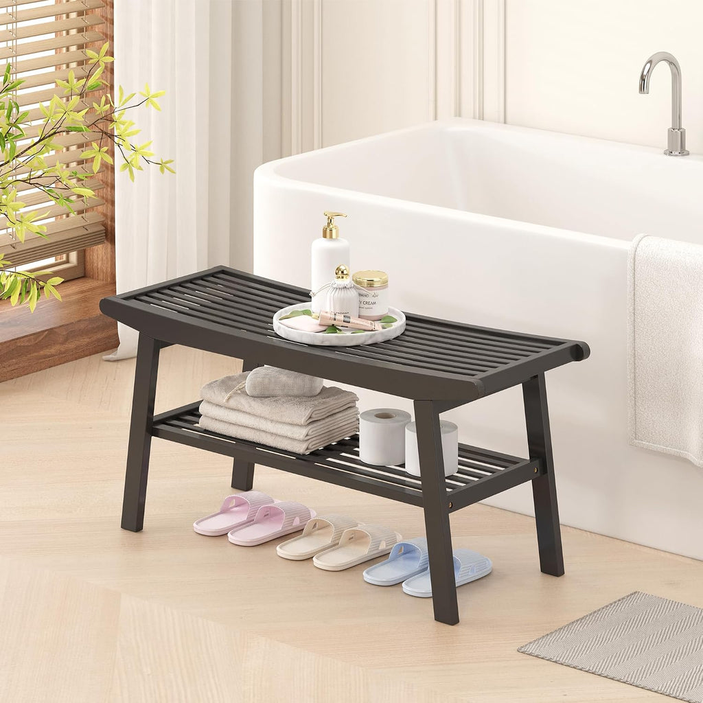 Bamboo Dining Bench Indoor Long Bench Sturdy & Comfortable Indoor Storage Bench Durable Slat Woven Design Modern Entryway Seating for Hallway (Black, 2 Tiers)