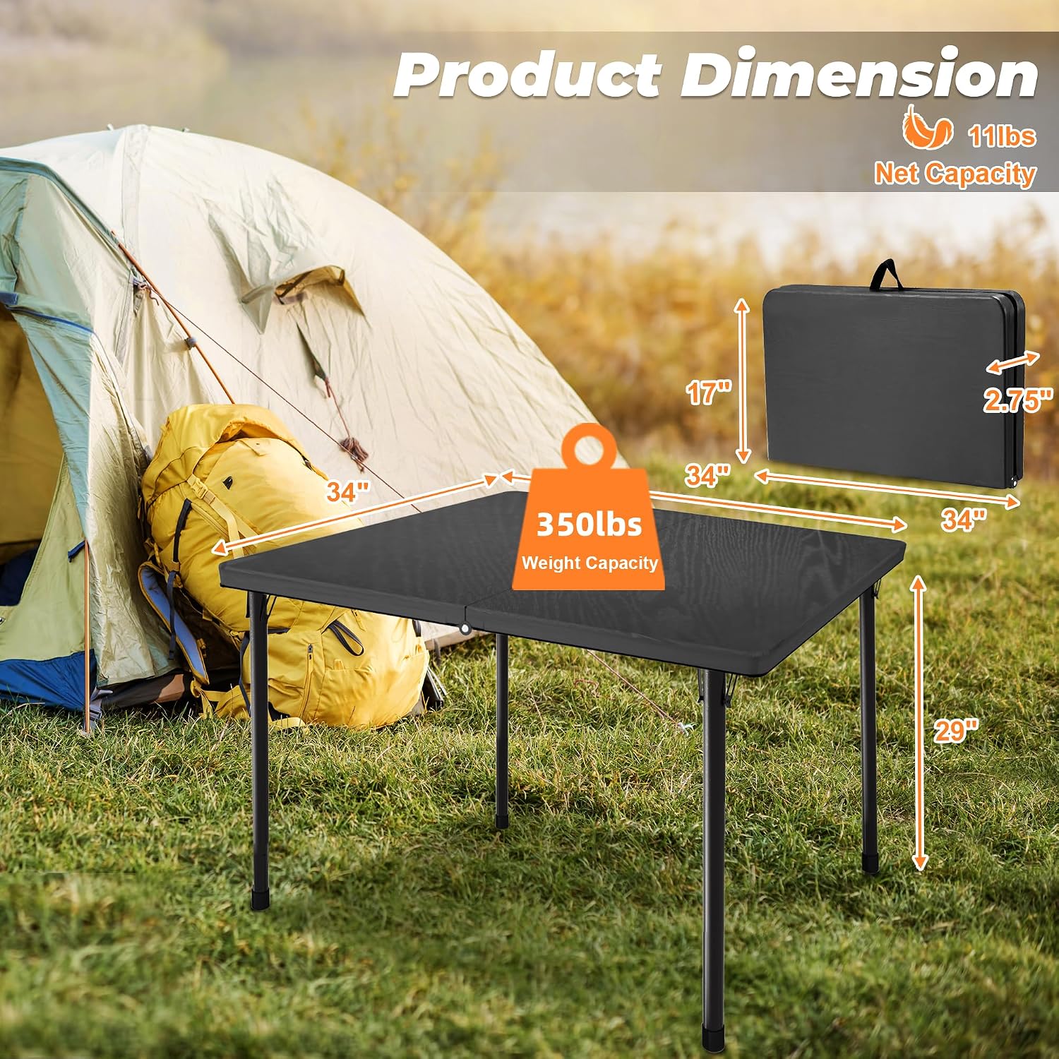 34" Folding Table, Portable Square Camping Card Table with Collapsible Legs & Carrying Handle, Plastic Tables for Outdoor Cooking,Camping,Picnic, Office, Party, Grey