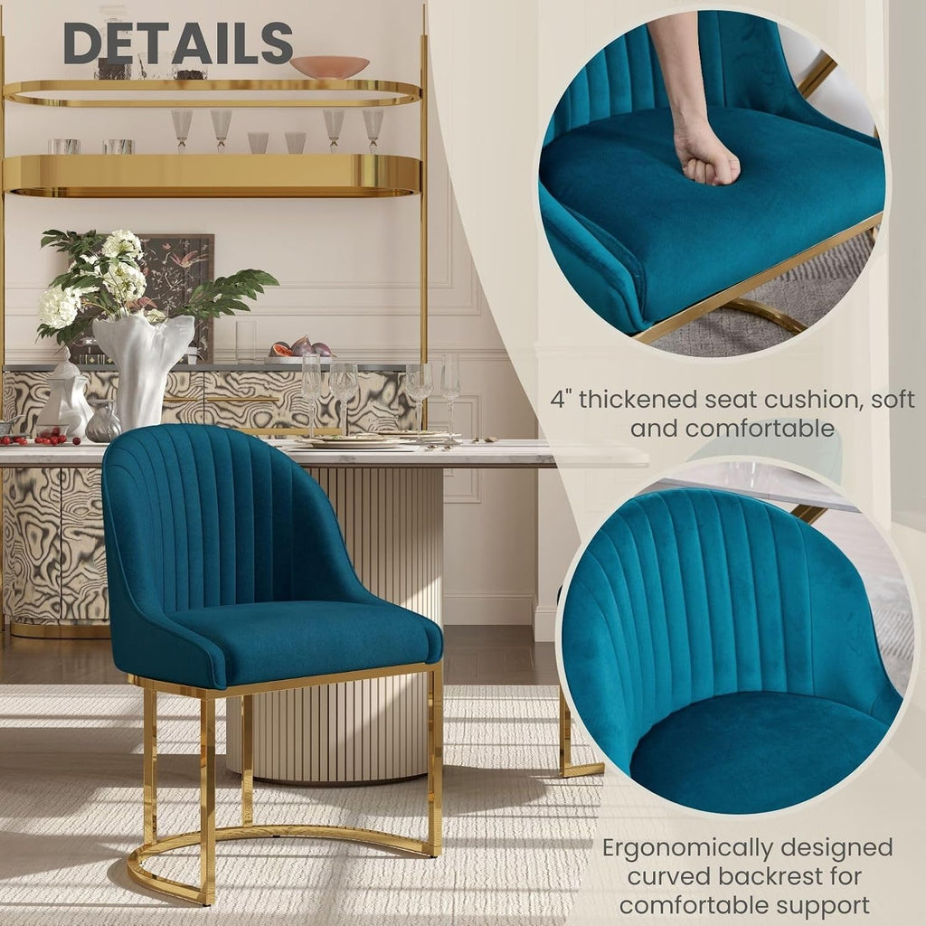Velvet Dining Chairs Set of 4, Modern Dinning Room Chairs with Golden Metal Frame & Legs, Upholstered Kitchen Chair Armless Accent Side Chairs for Living Room/Kitchen/Dining Room, Teal Blue