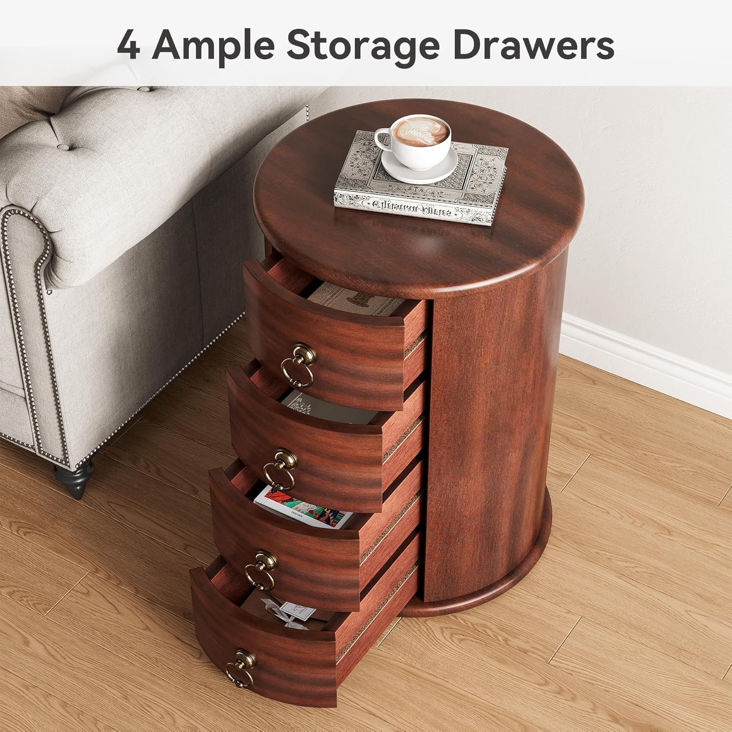 LITTLE TREE Night Stand Set of 2, Small Solid Wood Side Table with 4 Drawers, Mid Century Round End Tables with Storage for Living Room, Bedroom, Small Spaces, Couch, Bedside, No Assembly Required