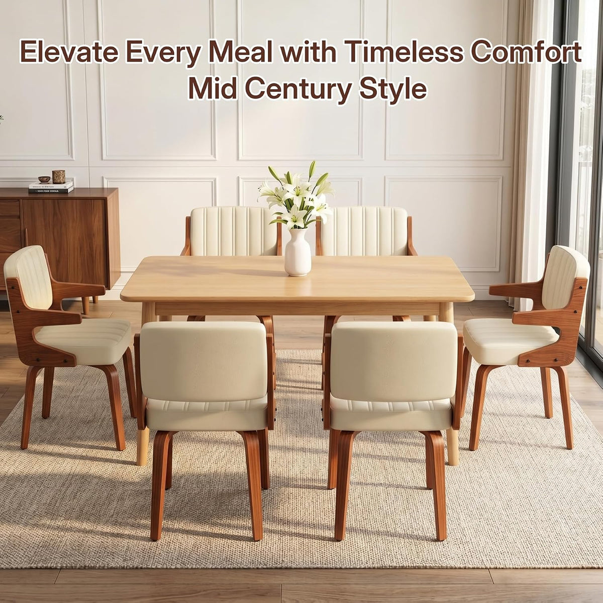 Dining Chairs Set of 4,Mid Century Modern Kitchen Chair with Hanging Arm | Set of 4 Dining Chairs, Mid Century Modern Faux Leather Upholstered Kitchen Chair, Walnut Legs Back for Dining Room Living