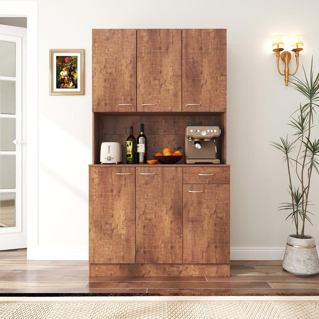 Ball & Cast 71" Pantry Cabinet,Tall Kitchen Pantry Storage Cabinet with Microwave Stand, Modern Kitchen Hutch Cabinet with 6 Doors,1 Drawer & Open Shelves for Living Room,Dining Room,Walnut