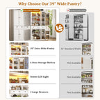 71"H Tall Kitchen Pantry Cabinet with LED Lights,39"W Modern Large Kitchen Hutch Cabinet w/6 Door Shelves,2 Large Drawer,Freestanding Food Pantry w/Adjustable Shelves for Kitchen,Dining Room,White