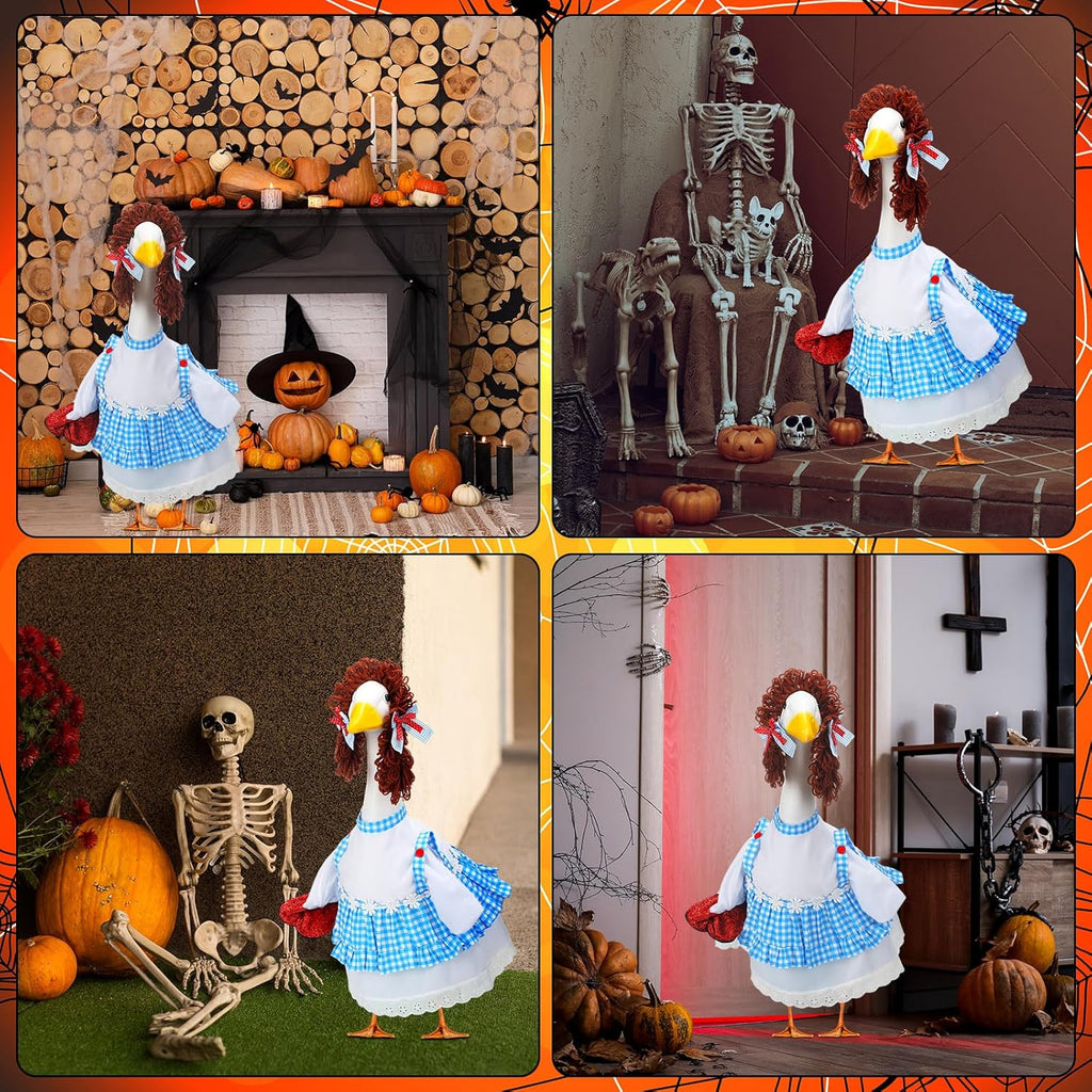 Abbylike Halloween Porch Goose Outfits Blue and White Gingham Wizard Dress Costume Porch Yard Goose Outfits Costume Clothes Fits Large 23'' Cement for Garden Yard Statue Pathway Decorations
