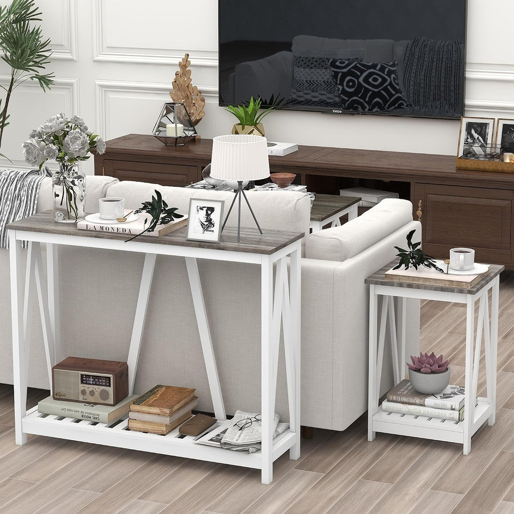 Entryway Table, 39" Farmhouse Console Table with Shelf Narrow Foyer Table | | 2-Tier Open Shelf,V-Shape Anti-Tip Legs,Slim Narrow Design,Sofa Table Use,Two-Tone Finish,30-Min Easy Assembly,Oak Grey