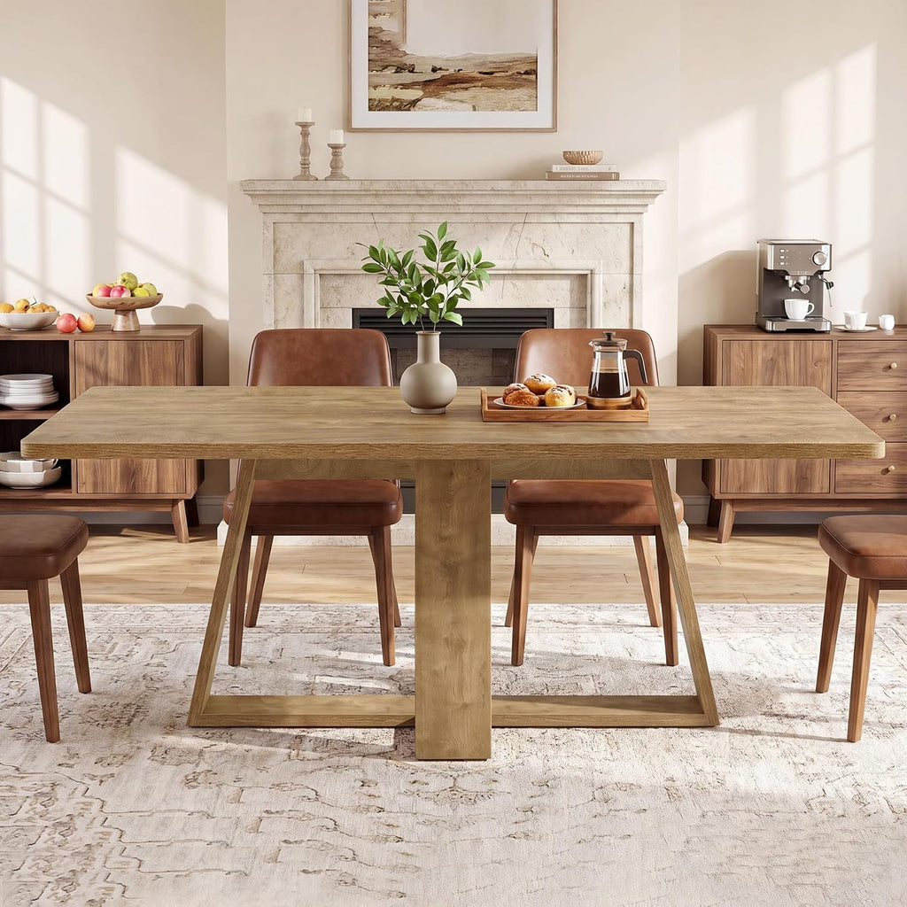 Tribesigns 63-Inch Dining Table, Farmhouse Kitchen Table with Wooden Pedestal, Rectangle Dinner Table for Kitchen, Dining Room, Small Space, Rustic Brown, Capacity 4-6