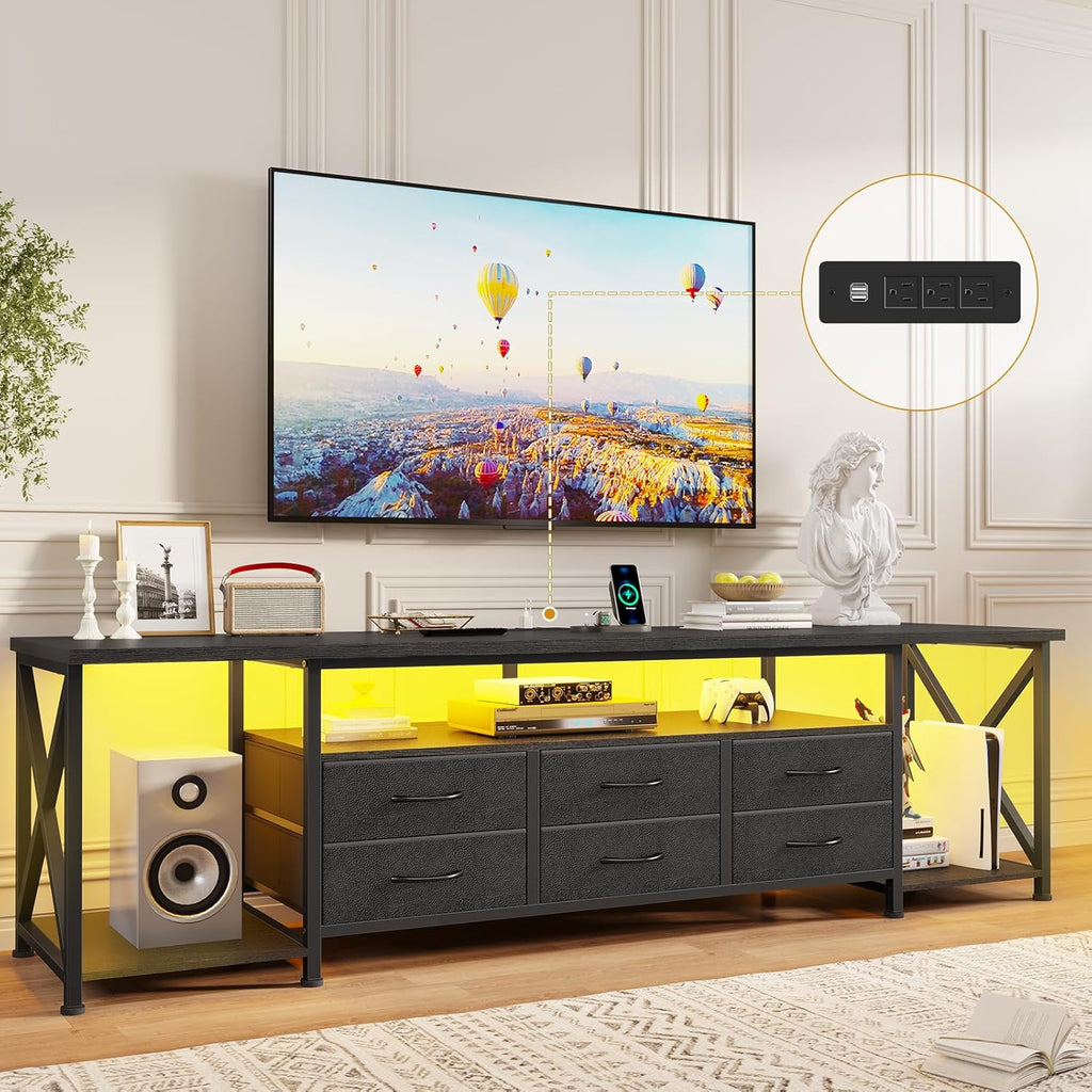 BTHFST TV Stand with LED Lights & Power Outlets, for TVs up to 85 Inches, 6 Fabric Drawers Entertainment Center with Open Storage Shelves, 71" TV Media Console Table for Living Room, Bedroom, Black