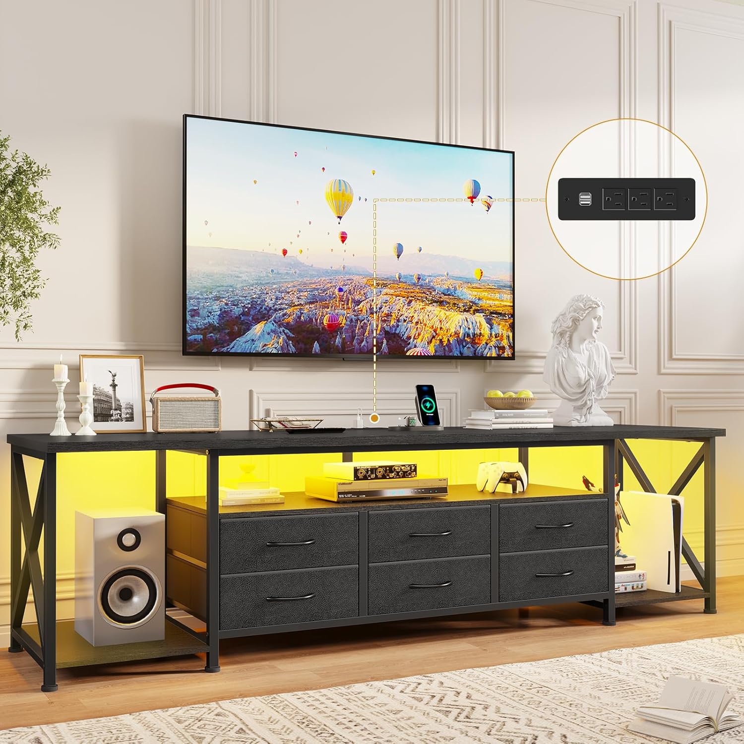 BTHFST TV Stand with LED Lights & Power Outlets, for TVs up to 85 Inches, 6 Fabric Drawers Entertainment Center with Open Storage Shelves, 71" TV Media Console Table for Living Room, Bedroom, Black