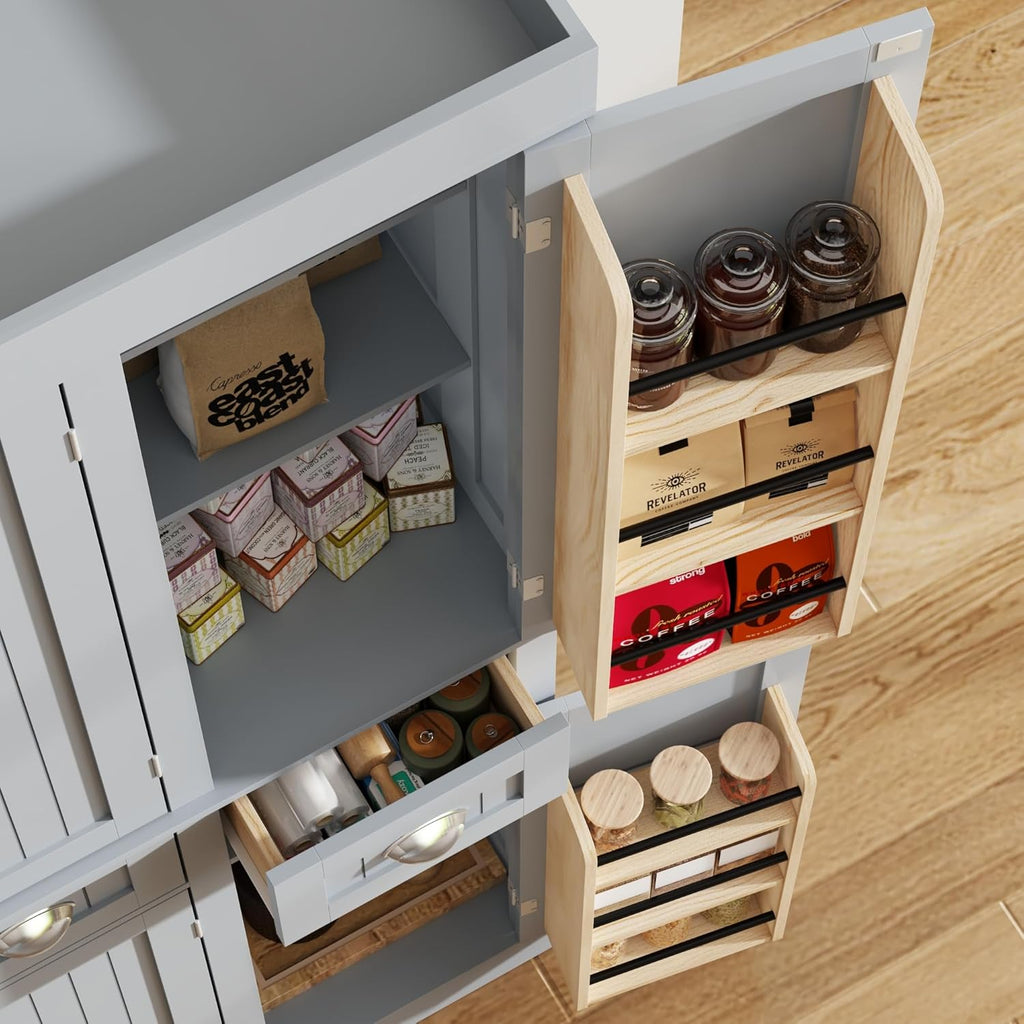 71" Tall Kitchen Cabinet Pantry Storage,Modern Kitchen Hutch Cabinet with Doors and Adjustable Shelves,Large Freestanding Food Pantry with 2 Drawer for Dining Room, Living Room, Hallway,Grey