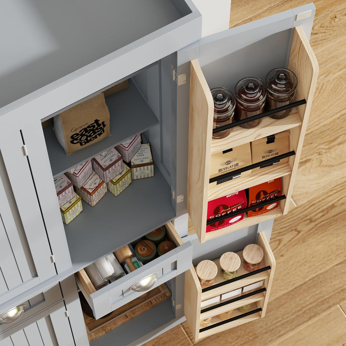 71" Tall Kitchen Cabinet Pantry Storage,Modern Kitchen Hutch Cabinet with Doors and Adjustable Shelves,Large Freestanding Food Pantry with 2 Drawer for Dining Room, Living Room, Hallway,Grey