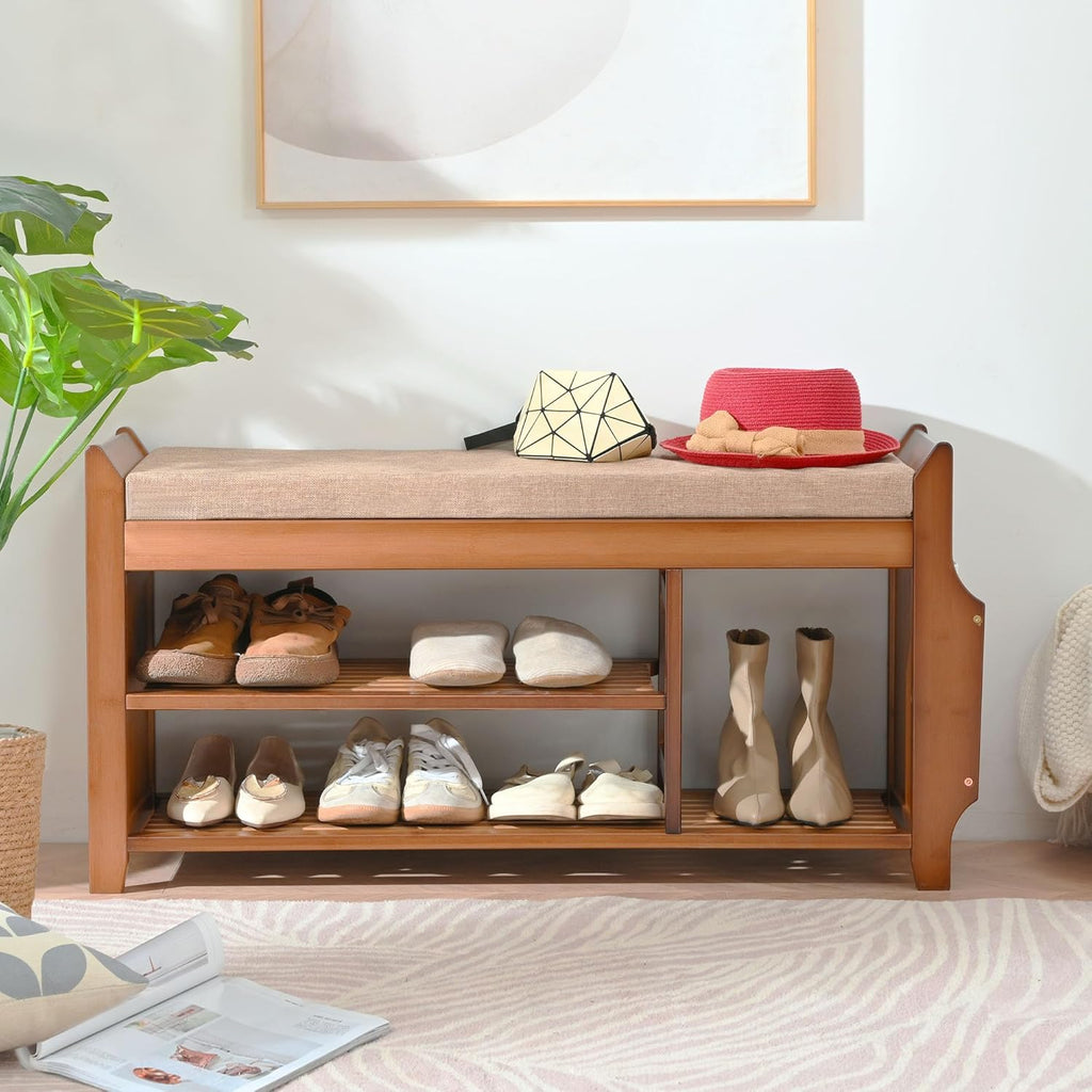 PETKABOO Shoe Bench with Hidden Drawer and Side Holder, 2 Tier Entryway Bench with Storage 39.4 in, Bamboo Shoe Rack with Cushion for Entryway Hallway Living Room Bedroom