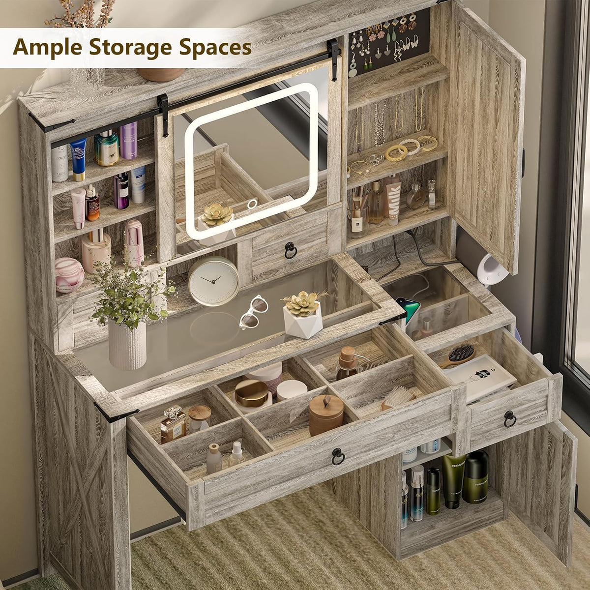 Farmhouse Vanity Desk with Mirror and Lights, 42” Makeup Vanity with Charging Station, 4 Drawers & Adjustable Shelves, Oak