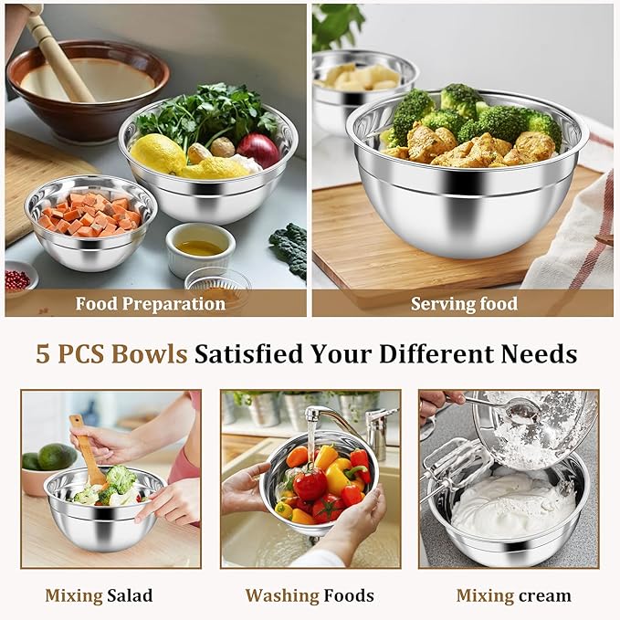 P&P CHEF Mixing Bowl with Visible Airtight Lid Set of 5, 10-Piece Stainless Steel Nesting Salad Bowl Set for Prepping, Mixing and Serving, Size 4.6, 3, 1.5, 1, 0.7 QT, Rimmed Edges & Flat Base, Khaki