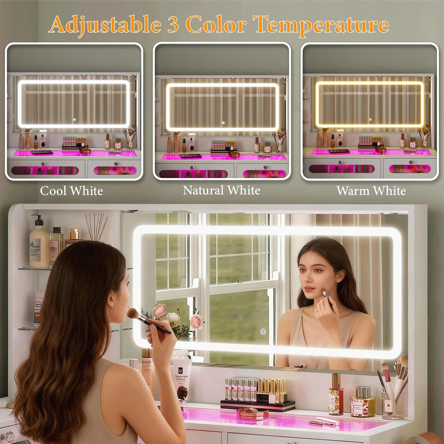 Makeup Vanity for Women with Mirror and Lights, 8 Drawers Big Modern Vanity , Transparent Top Vanity Desk with 2 RGB Drawers, with Power Outlet & Stool, Modern Ample Storage Dressing Table, White