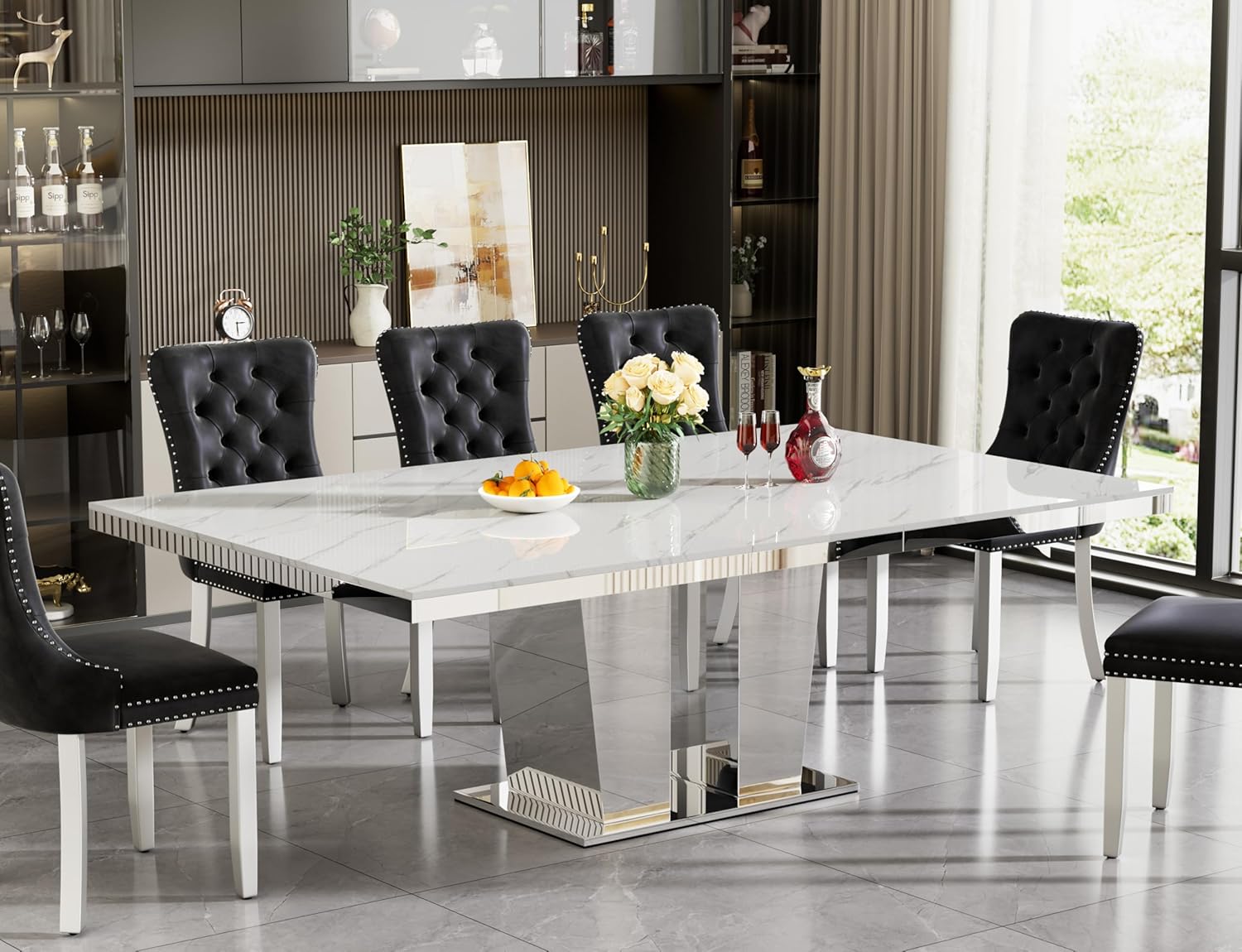 63"-94" Modern Extendable Dining Room Table for 6 8 10, Large White Faux Marble Expandable Kitchen Table with Mirrored Columnar Pedestal Base for Home Kitchen Dining Room Family Gathering