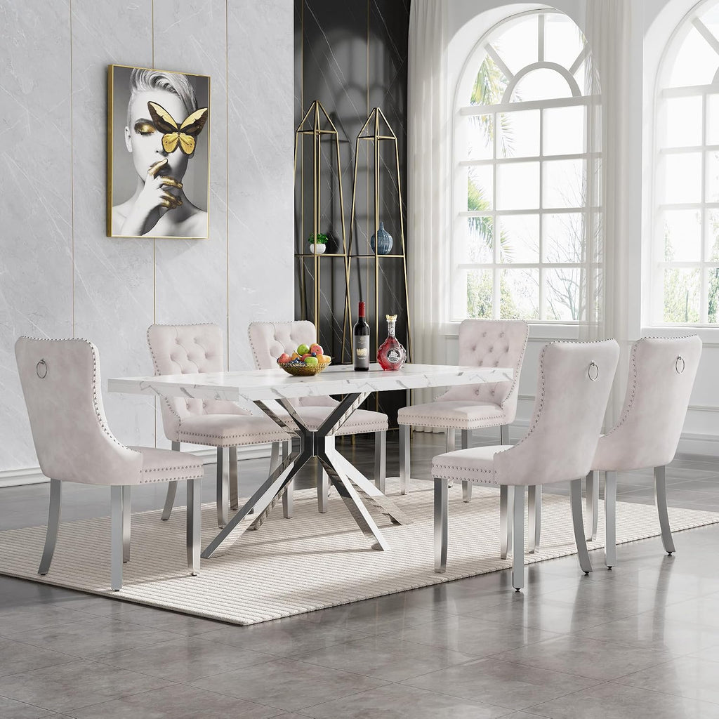 70 inch Faux Marble Dining Table for 4-6, Modern Kitchen Table with White Faux Marble Tabletop, Silver Stainless Steel X Base, Rectangular Dining Room Table for Dinner, Party, Meeting, Celebration