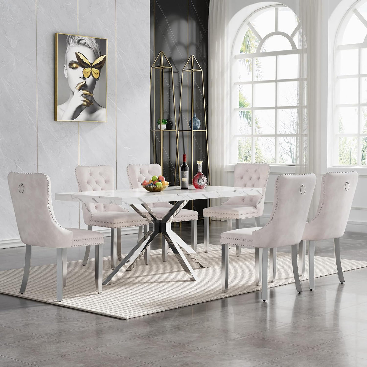 70 inch Faux Marble Dining Table for 4-6, Modern Kitchen Table with White Faux Marble Tabletop, Silver Stainless Steel X Base, Rectangular Dining Room Table for Dinner, Party, Meeting, Celebration