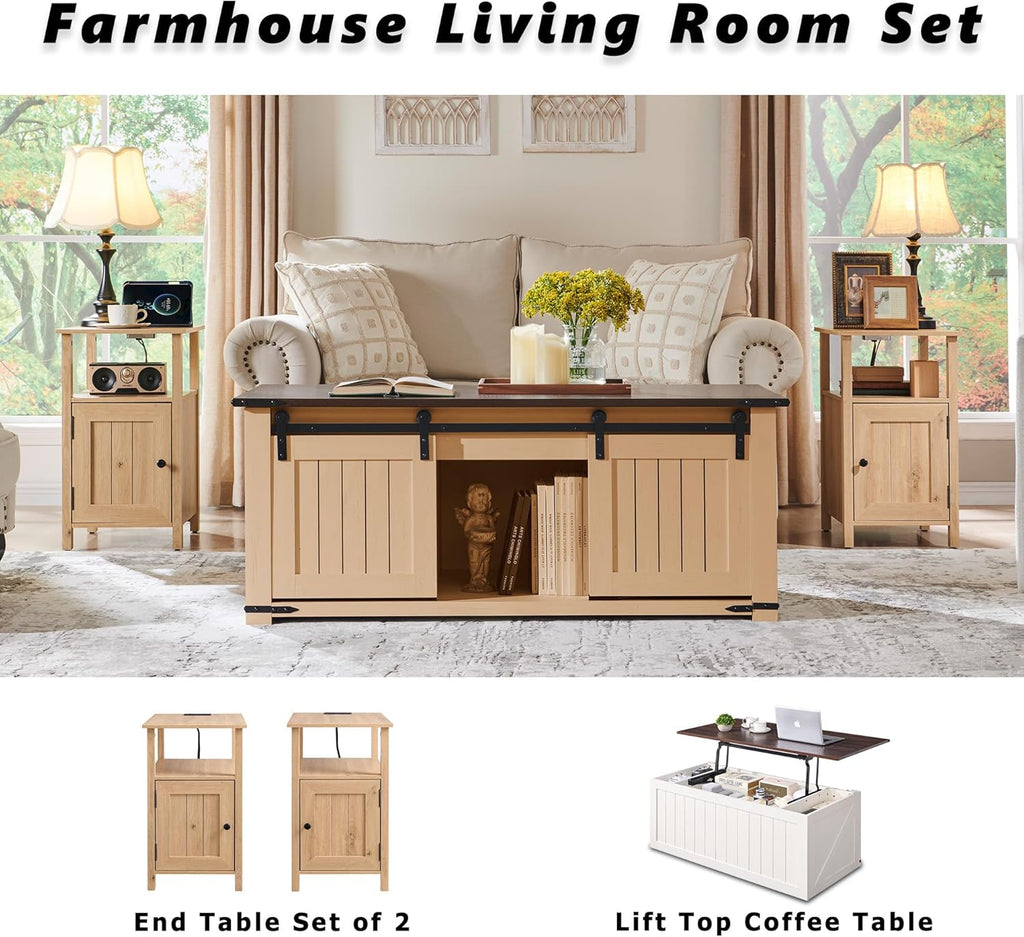IFGET Farmhouse Nightstand Set of 2, End Table with Charging Station, Rustic Side Table w/Barn Door & Open Shelves, Bedside Table w/Storage Space and Storage Cabinet for Bedroom, Living Room (Natural)