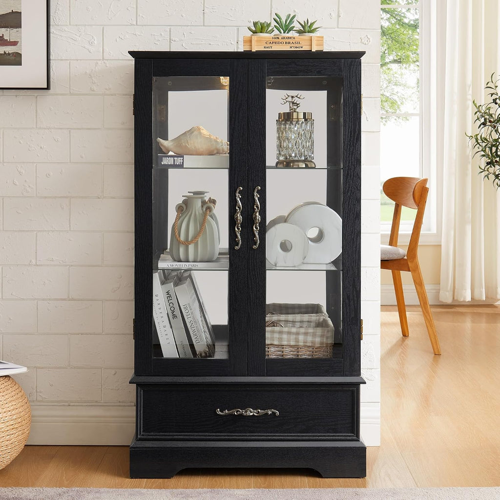 47" Lighted Glass Accent Curio Cabinet, 3-Tier Antique Storage Cage with Adjustable Shelves & Drawer, Acrylic Mirrored Pane, Light Blub Included, Small China Cabinet for Living Room/Kitchen (Black)