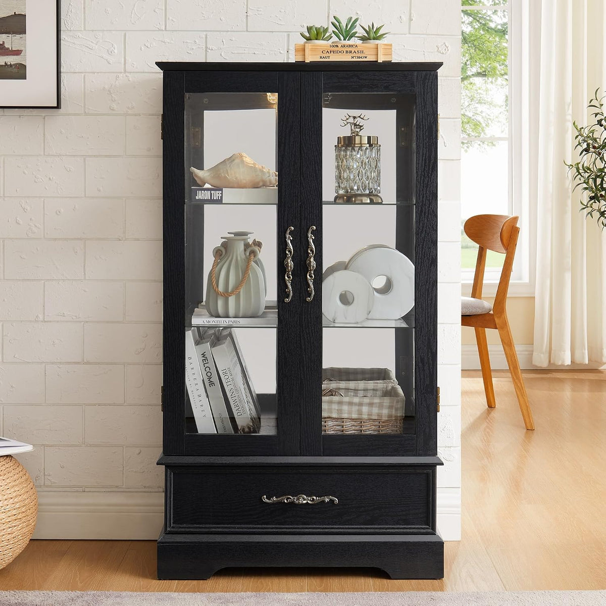 47" Lighted Glass Accent Curio Cabinet, 3-Tier Antique Storage Cage with Adjustable Shelves & Drawer, Acrylic Mirrored Pane, Light Blub Included, Small China Cabinet for Living Room/Kitchen (Black)