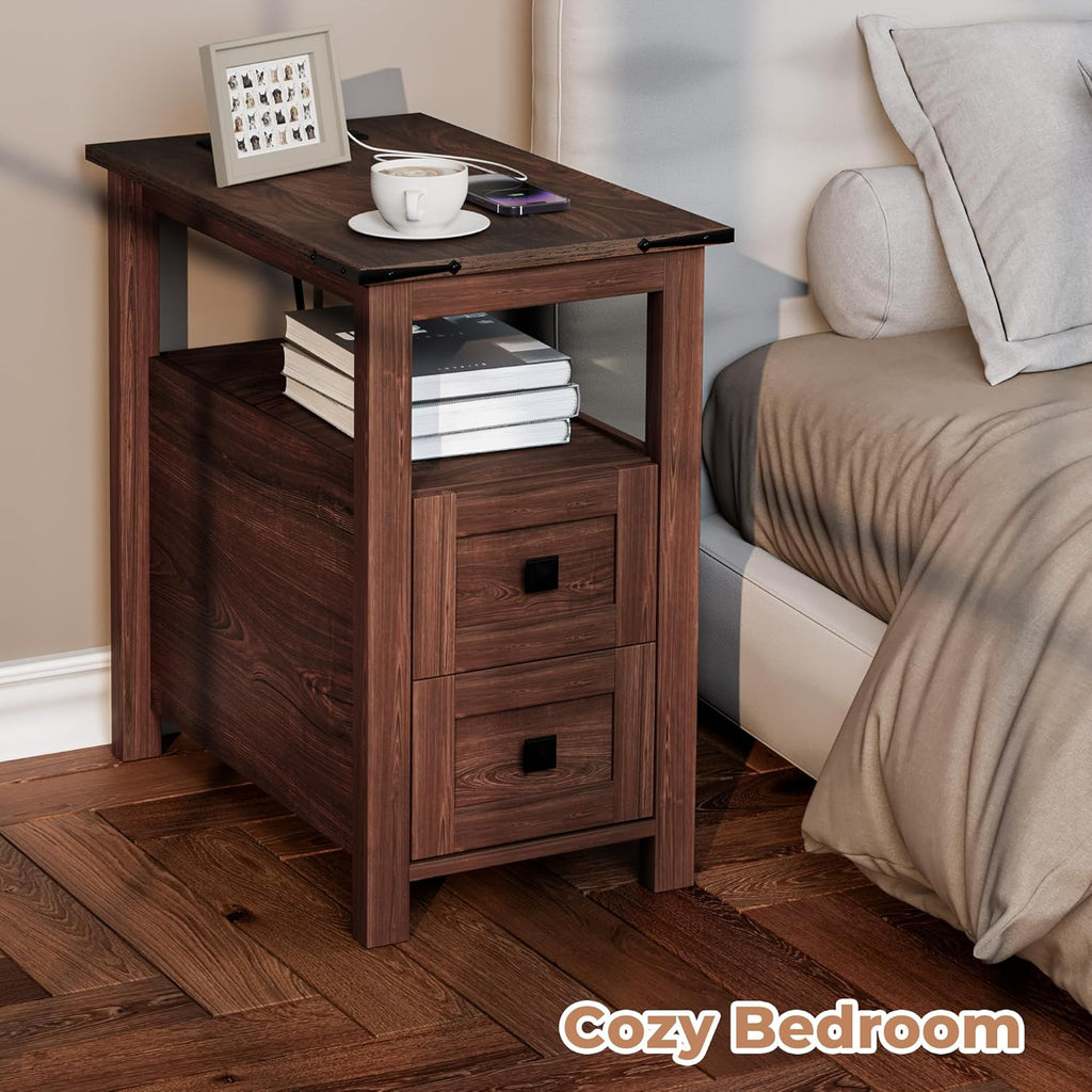 VVFLU Farmhouse End Table with Charging Station and 2 Storage Drawers, Cherry Wood Nightstand Narrow, Skinny Side Table Rustic, Slim Bedside Table, Open Shelf, Small for Bedroom, Living Room, Sofa