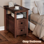VVFLU Farmhouse End Table with Charging Station and 2 Storage Drawers, Cherry Wood Nightstand Narrow, Skinny Side Table Rustic, Slim Bedside Table, Open Shelf, Small for Bedroom, Living Room, Sofa