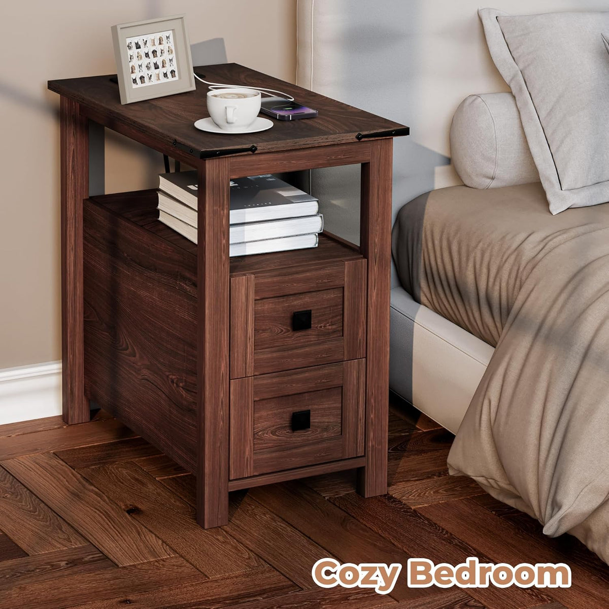 VVFLU Farmhouse End Table with Charging Station and 2 Storage Drawers, Cherry Wood Nightstand Narrow, Skinny Side Table Rustic, Slim Bedside Table, Open Shelf, Small for Bedroom, Living Room, Sofa