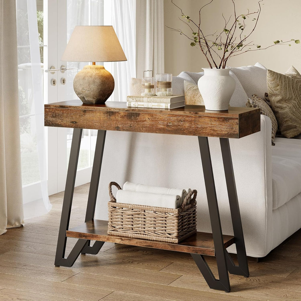 LITTLE TREE 41-Inch Console Table with Geometric Metal Frame, Rustic Brown, Entryway Tables, Storage Shelves, 2-Tier, Industrial, Hallway Sofa Table, Accent Table, Living Room