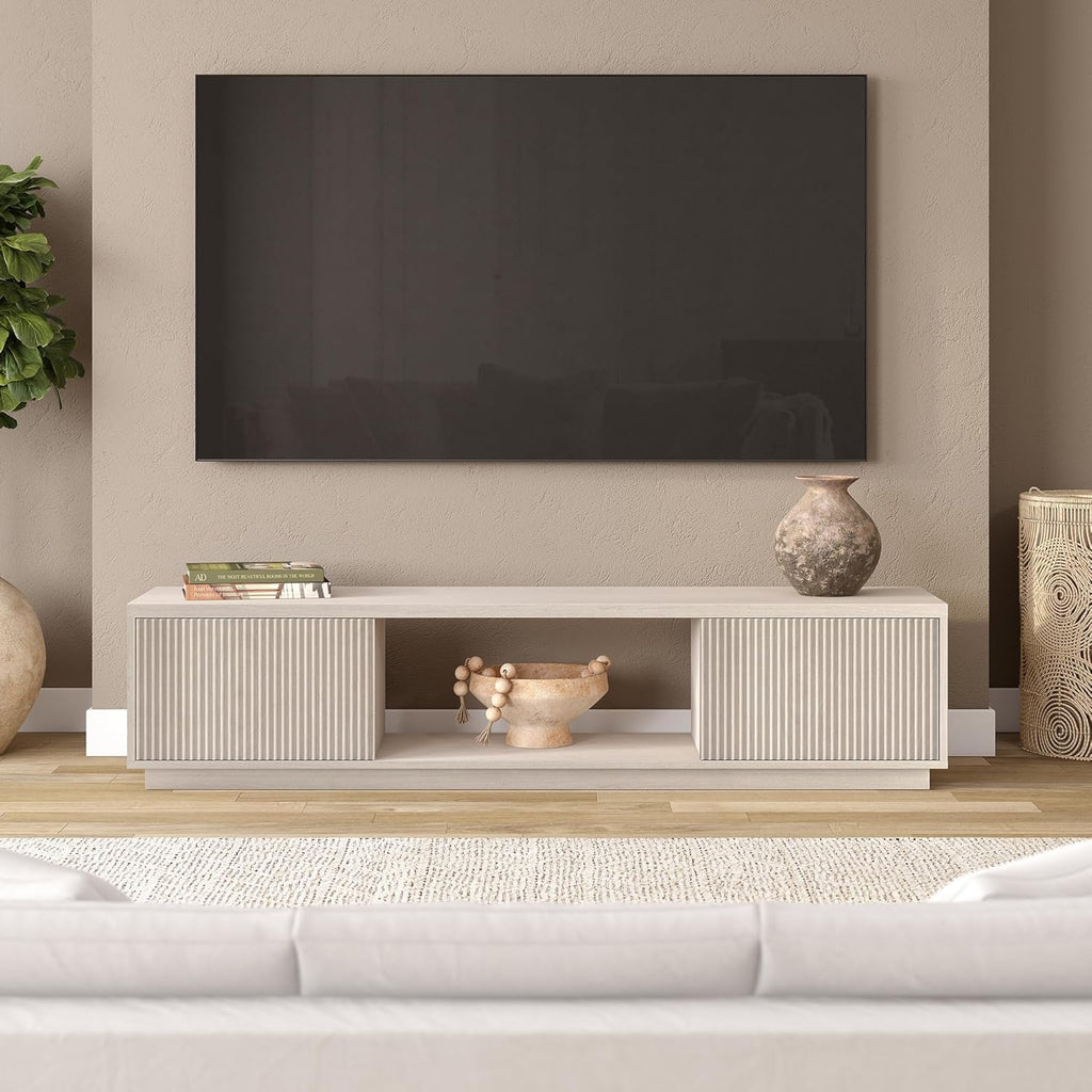Henn&Hart 70" TV Stand for TVs up to 78", Beech White | Modern TV stand with ribbed cabinet doors and open center shelf for media or decor, perfect for living room or office