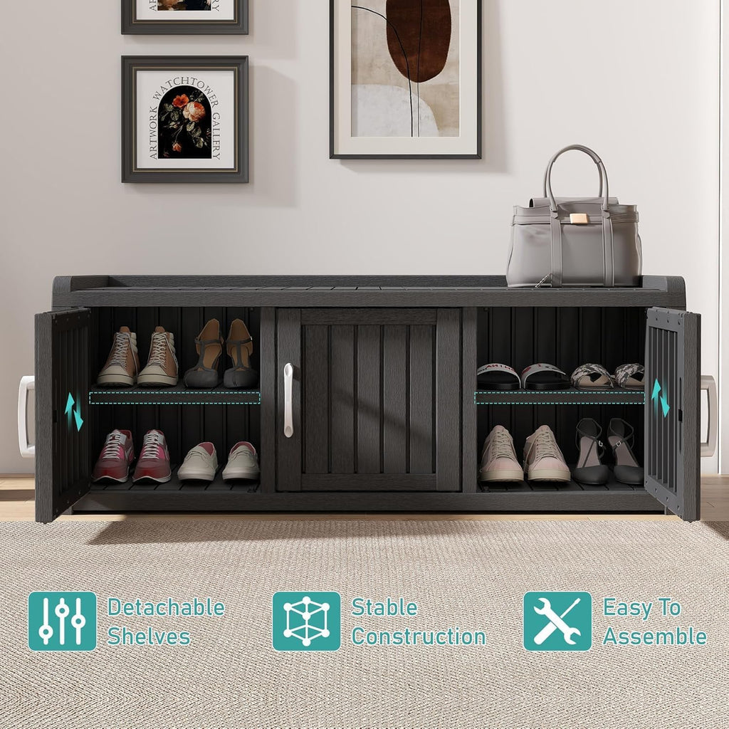 Outdoor Shoe Bench, Waterproof UV-Resistant Indoor Resin Shoe Cabinet, Entryway Shoe Storage with 3 Doors, Living Room, Bedroom, Black (3 Door)