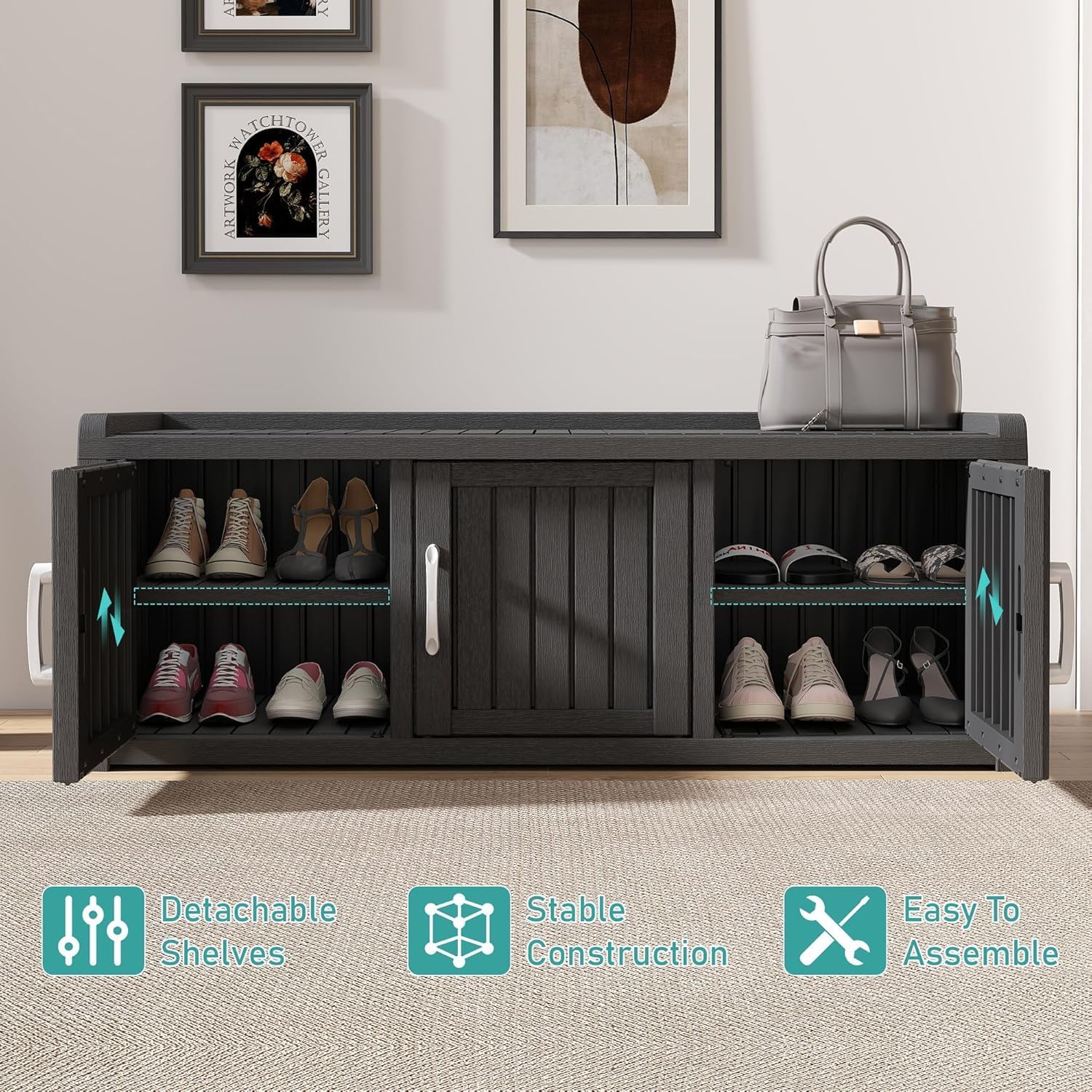 Outdoor Shoe Bench, Waterproof UV-Resistant Indoor Resin Shoe Cabinet, Entryway Shoe Storage with 3 Doors, Living Room, Bedroom, Black (3 Door)