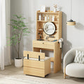 IRONCK Small Vanity Desk with LED Mirror, Glass Top & Storage Stool | 26-inch oak vanity with adjustable mirror arm, 3 light modes, 2 drawers, charging station, and tuck-away storage stool.
