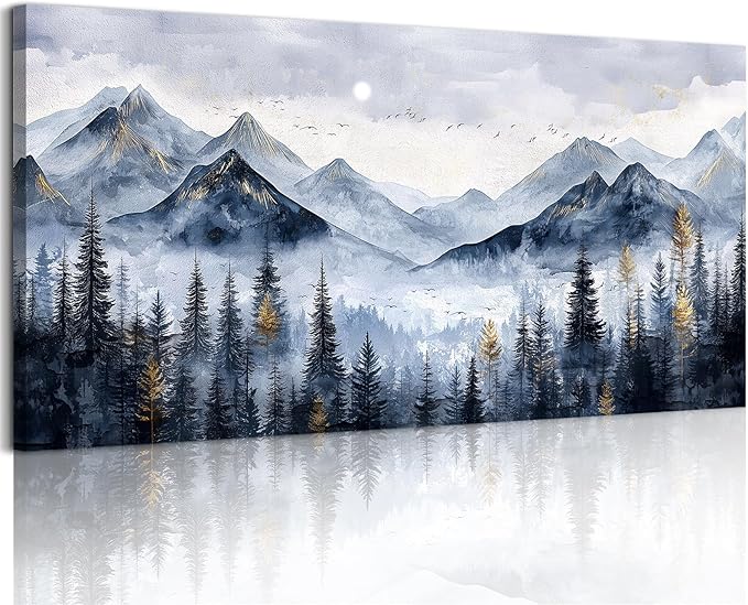 SERIMINO Mountain Landscape Large Wall Art, Misty Forest Canvas Prints, Blue Gold Watercolor Pine Tree Paintings Wall Decor Living Room Bedroom, Natural Scenery Office Decor Pictures 24"X48"