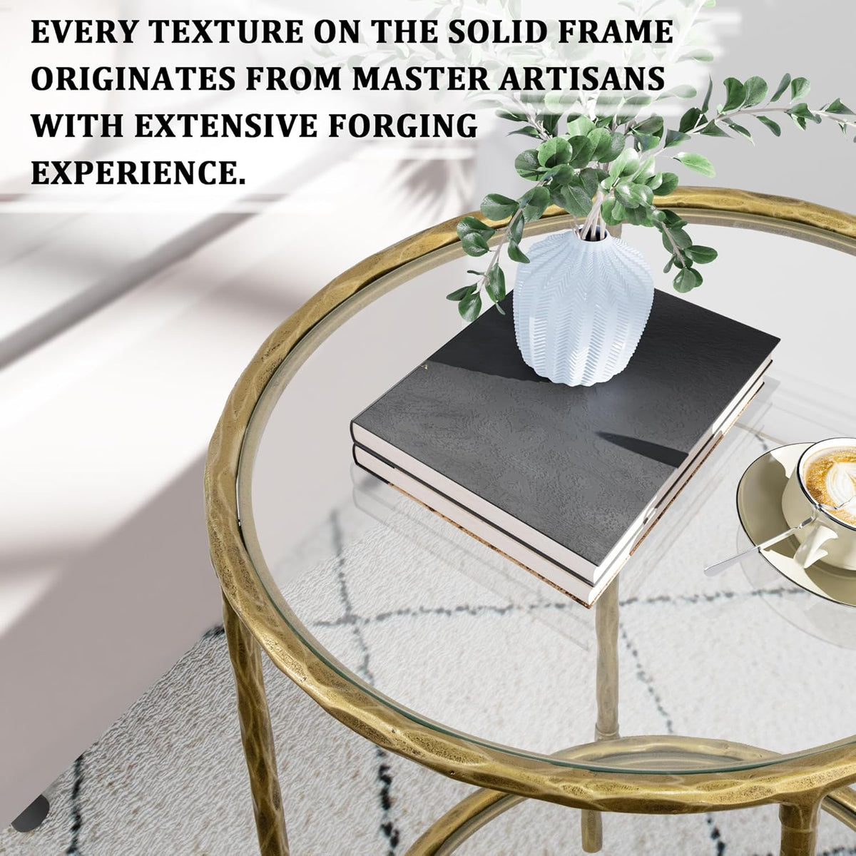 BEGINS Hand Forged Side Table 2 Tier, Vintage End Table Glass Top Coffee Table, Accent Table with Solid Hammered Frame, Suitable for Living Room, Bedroom, Study Room, Entryway (Gold, Circle)