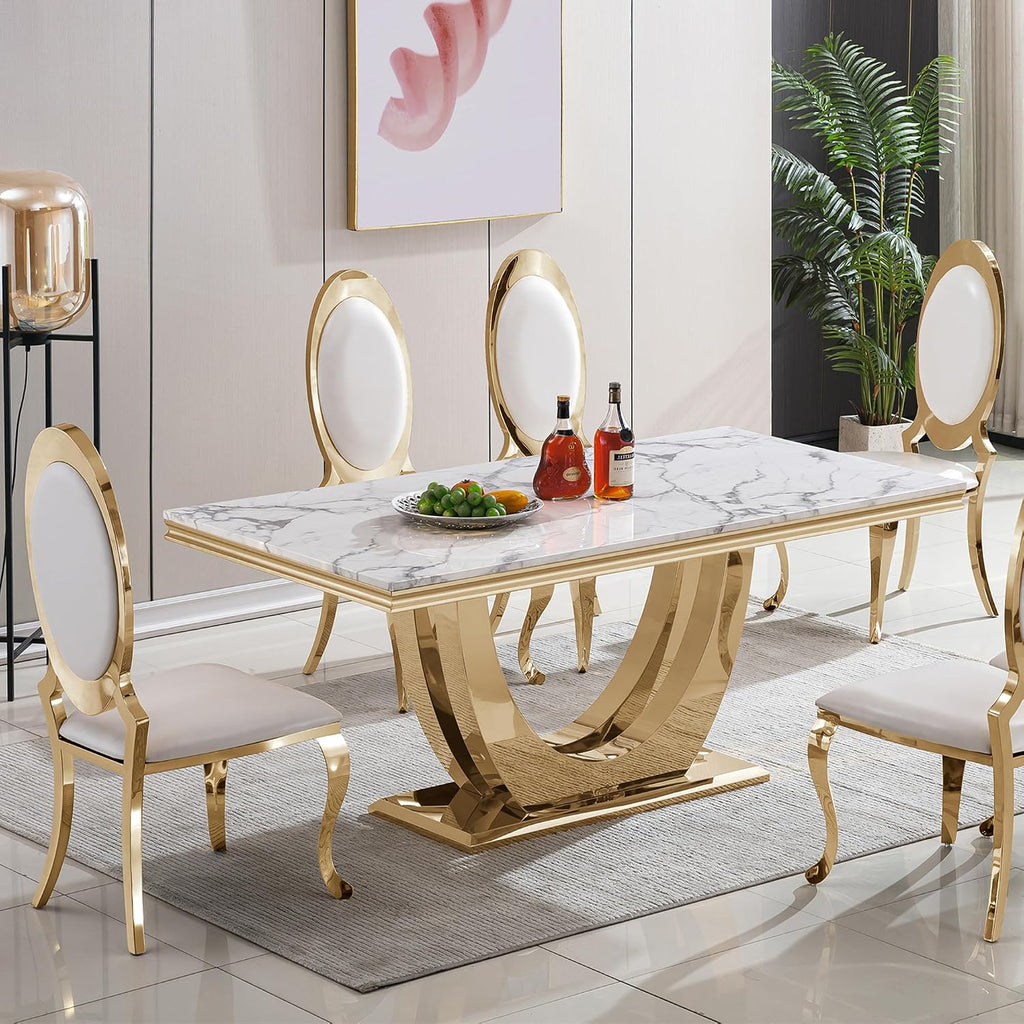 70" White Marble Dining Table, Luxury Kitchen Table for 6 8, Large Rectangular Dinner Table with U Shaped Gold Stainless Steel Pedestal, Mid Century Modern Dining Table for Kitchen Dining Room