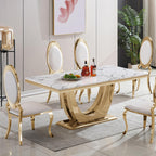 70" White Marble Dining Table, Luxury Kitchen Table for 6 8, Large Rectangular Dinner Table with U Shaped Gold Stainless Steel Pedestal, Mid Century Modern Dining Table for Kitchen Dining Room