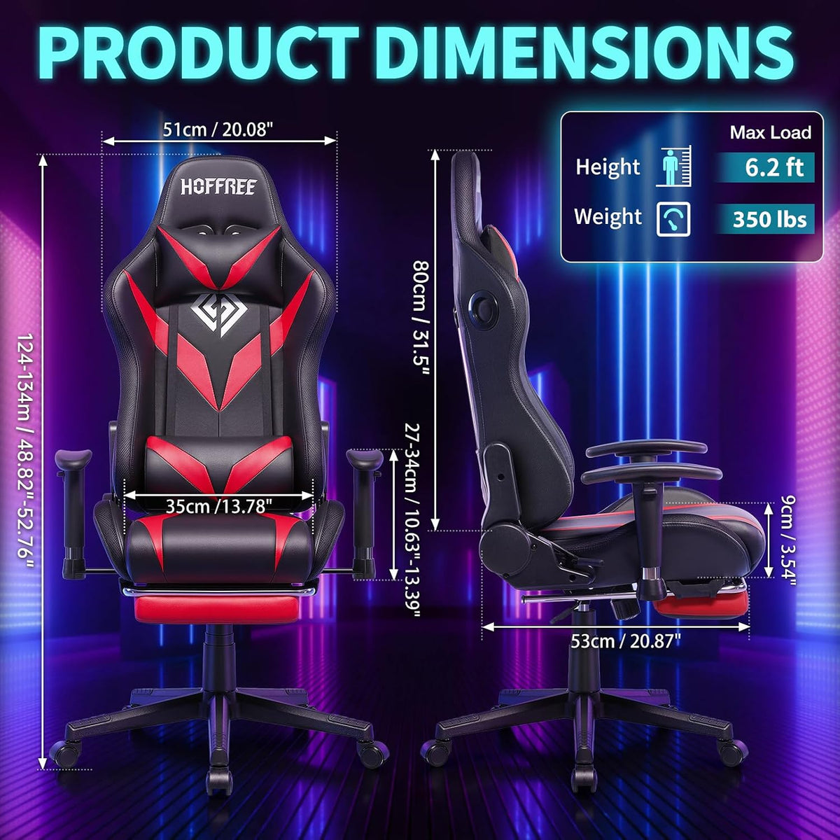 Led Gaming Chair with Speakers Massage 165° Reclining Computer Chairs-Red | RGB Lights Video Game Chairs for Adults;Racing Style;Rocking Mode;Bluetooth Gamer Chair with Footrest;Adjustable Armrests